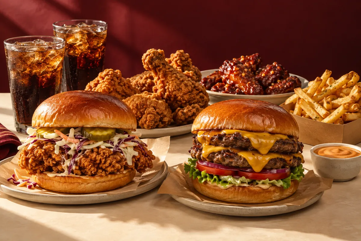 Burgers, crispy chicken, wings, golden chips and iced drinks arranged as a generous feast