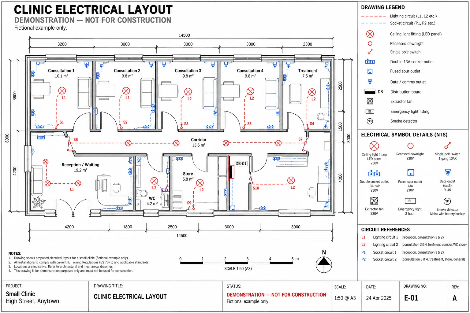 Illustrative clinic electrical floor plan with lighting, sockets, circuit references and drawing legend; not for construction
