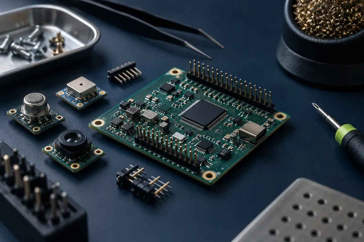 Illustrative close-up of a circuit board, electronic modules and prototype components