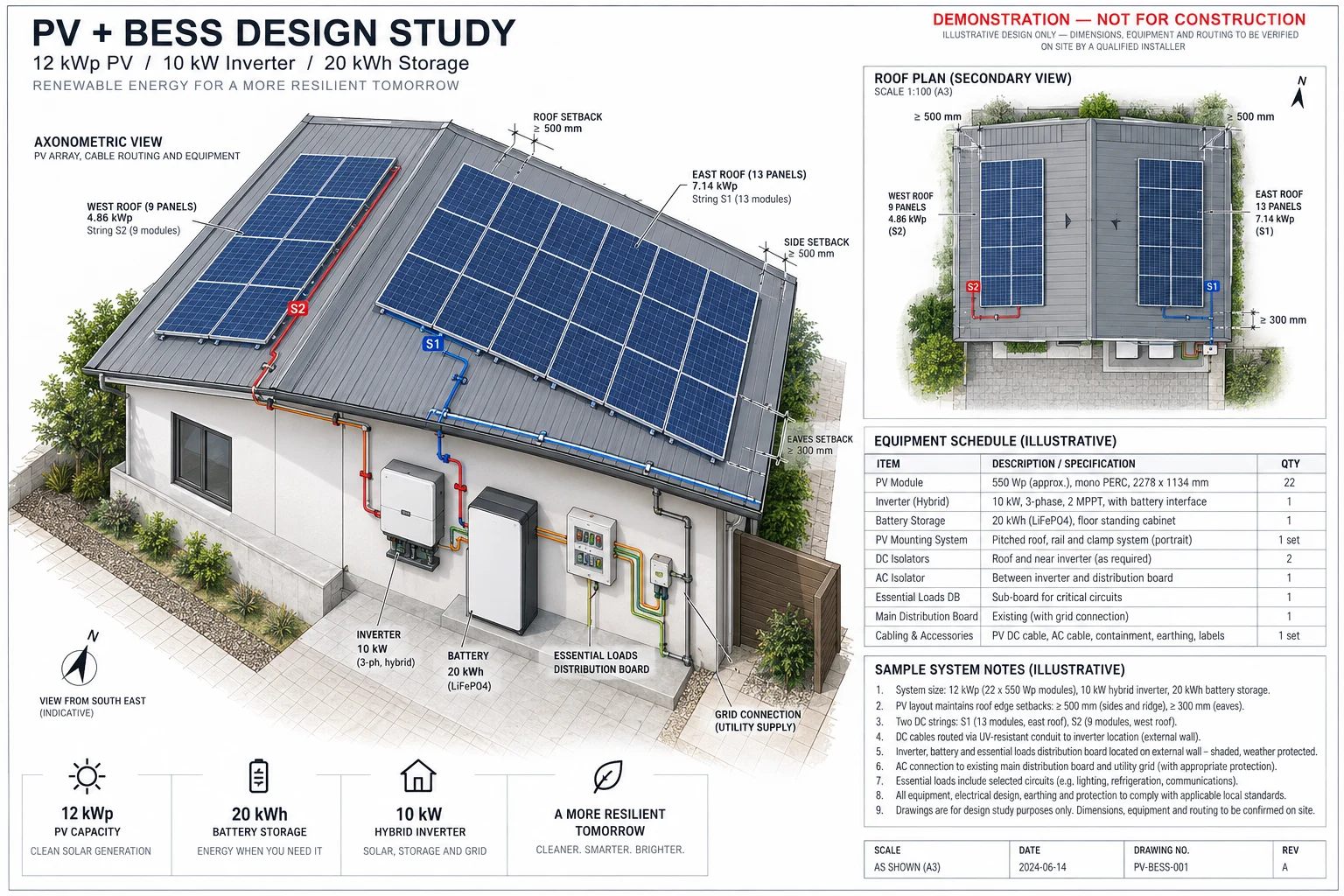Illustrative roof-mounted PV and battery design study with equipment and essential-load connections