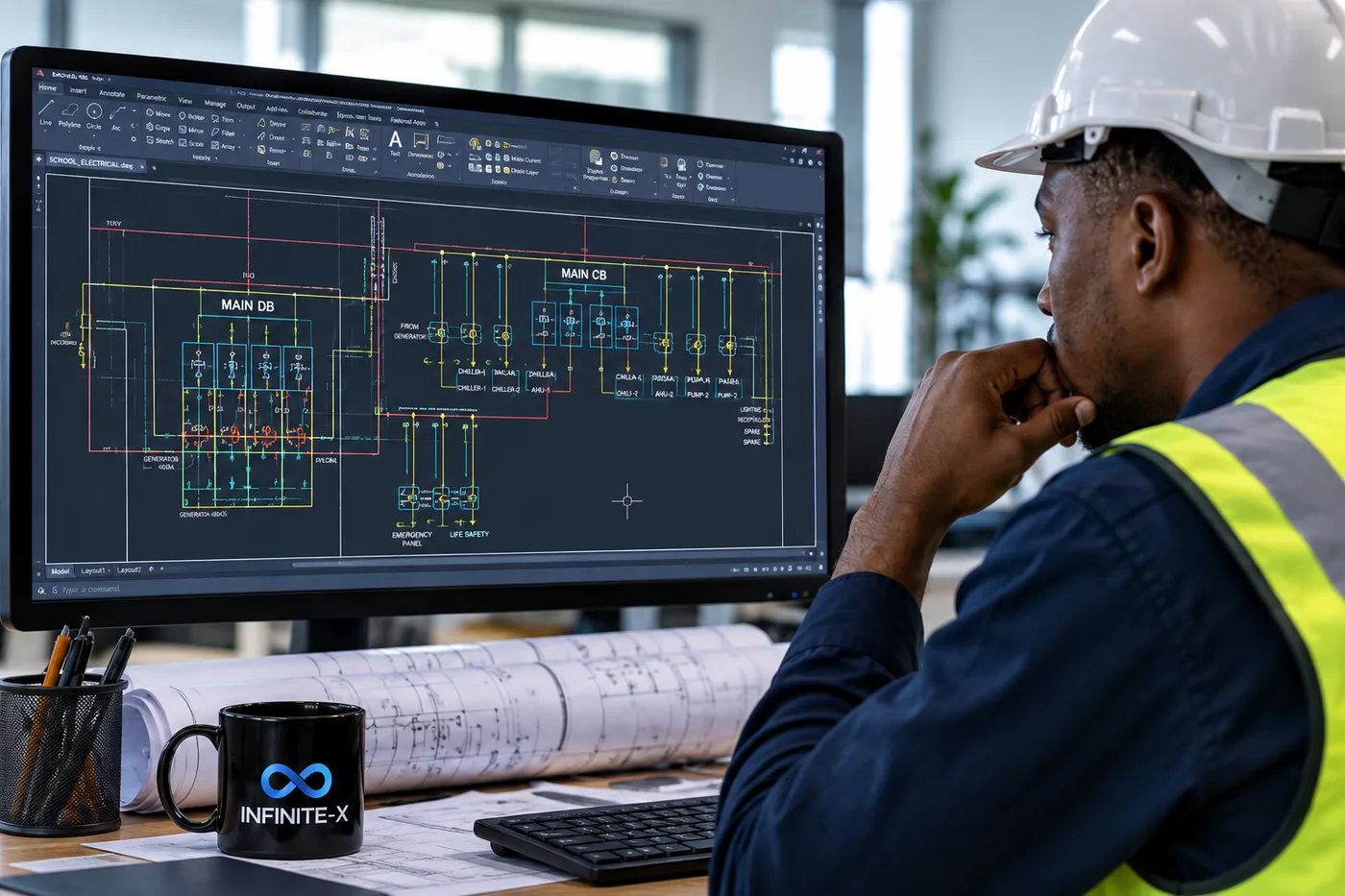 Illustrative engineer reviewing electrical plans on a large CAD monitor