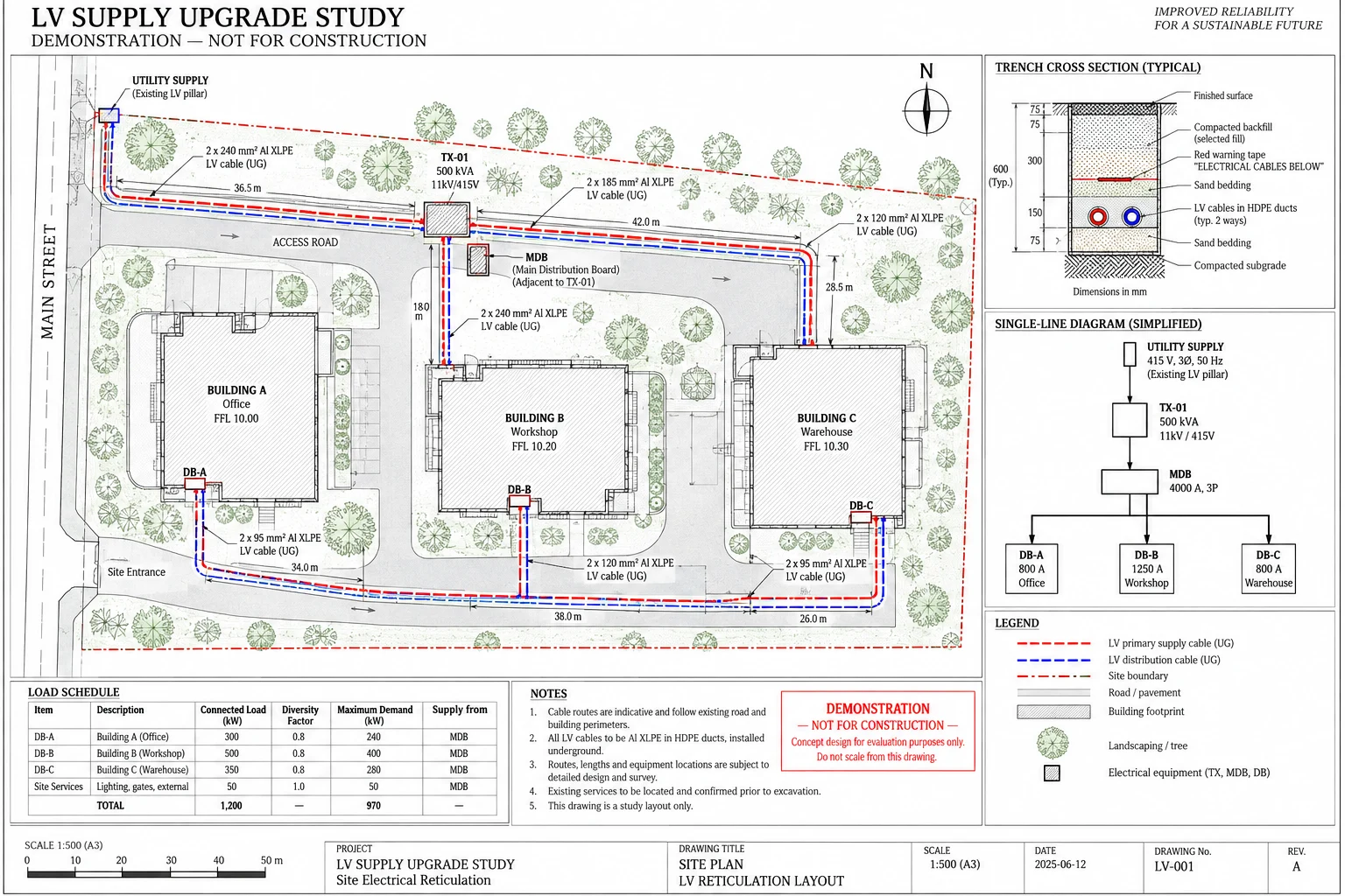 Illustrative LV reticulation site plan with utility connection, transformer, cable routes and distribution boards